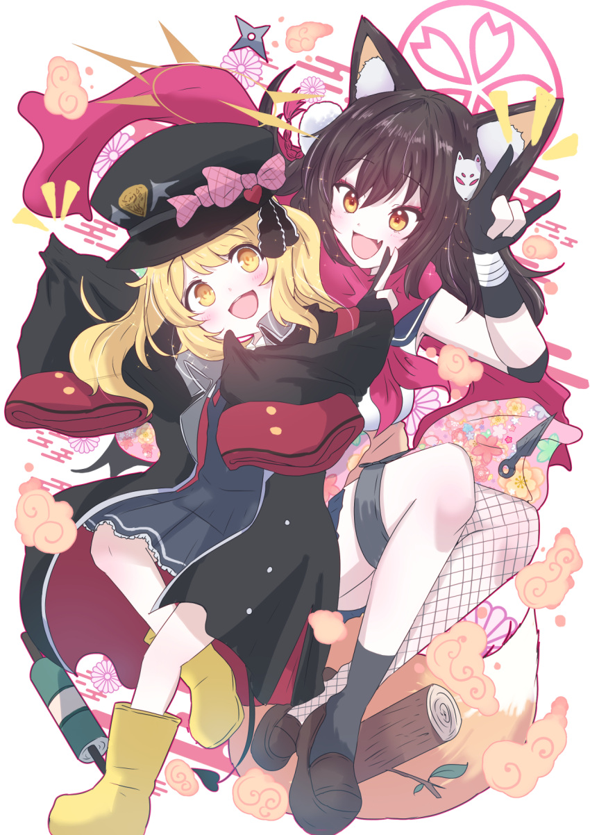 2girls animal_ear_fluff animal_ears black_coat black_dress black_gloves black_hair black_headwear black_socks black_tail black_wings blonde_hair blue_archive blush boots breasts brown_footwear coat demon_tail demon_wings dress egasumi fishnet_thighhighs fishnets flat_chest fox_ears fox_tail giorgio_(yo_sumire_sola1) gloves halo hat highres ibuki_(blue_archive) izuna_(blue_archive) kunai long_hair multiple_girls neckerchief open_clothes open_coat open_mouth partially_fingerless_gloves peaked_cap pink_halo red_neckerchief red_scarf scarf shoes short_hair simple_background single_sock single_thighhigh sleeves_past_fingers sleeves_past_wrists small_breasts smile socks tail thigh-highs weapon white_background wings yellow_eyes yellow_footwear yellow_halo