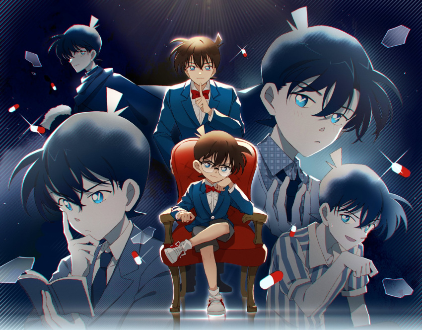 2boys black_necktie blue_eyes blue_jacket book bow bowtie brown_hair collared_shirt cowlick crossed_legs dual_persona edogawa_conan finger_to_mouth full_body glasses grey_shorts hair_between_eyes head_on_hand highres holding holding_book jacket kudou_shin'ichi light_blush looking_at_viewer male_focus meitantei_conan multiple_boys multiple_views nauxii necktie parted_lips reading red_bow red_bowtie shirt shoes shorts sitting smile sneakers socks sparkle striped_clothes striped_shirt suit_jacket sweatdrop white_footwear white_shirt white_socks