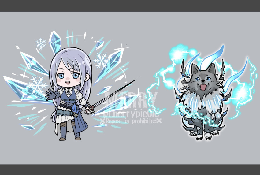 1boy 1girl blue_eyes blue_vest breasts chibi final_fantasy final_fantasy_xvi full_body grey_background grey_fur grey_hair highres hitsuji_merry holding holding_sword holding_weapon ice jill_warrick layered_skirt letterboxed lightning long_hair long_sleeves looking_at_viewer low-tied_long_hair medium_breasts open_mouth outstretched_hand puffy_long_sleeves puffy_sleeves shirt skirt smile snowflakes swept_bangs sword tongue tongue_out torgal_(ff16) twitter_username vest weapon white_shirt wolf