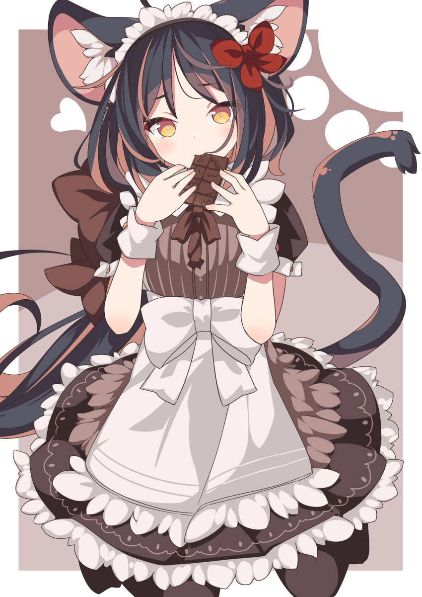 1girl animal_ear_fluff animal_ears apron black_hair black_skirt bow brown_background brown_bow brown_eyes brown_hair brown_pantyhose brown_shirt candy chocolate chocolate_bar commentary_request daidai_ookami eating food hair_bow heart highres holding holding_food long_hair looking_at_viewer maid maid_headdress multicolored_hair original pantyhose puffy_short_sleeves puffy_sleeves red_bow shirt short_sleeves skirt solo streaked_hair tail two-tone_background very_long_hair white_apron white_background wrist_cuffs