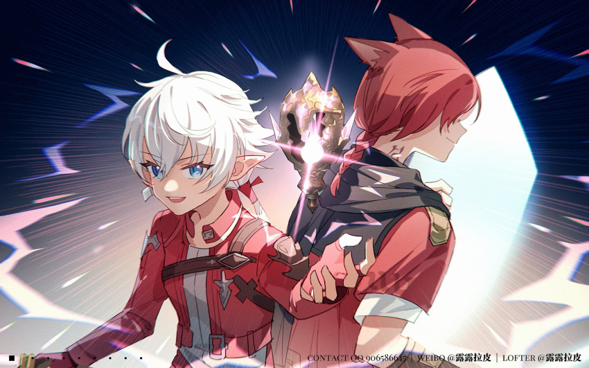 1boy 1girl ahoge alisaie_leveilleur animal_ears back-to-back battle black_hood blue_eyes braid breasts cat_boy cat_ears closed_mouth elezen elf fighting_stance final_fantasy final_fantasy_xiv fingerless_gloves g'raha_tia gloves hair_between_eyes hair_over_eyes hair_ribbon hashtag_only_commentary highres jacket long_sleeves magic medium_breasts miqo'te nauxii neck_tattoo open_mouth pointy_ears red_gloves red_jacket red_ribbon ribbon short_hair_with_long_locks short_sleeves single_braid smile tattoo