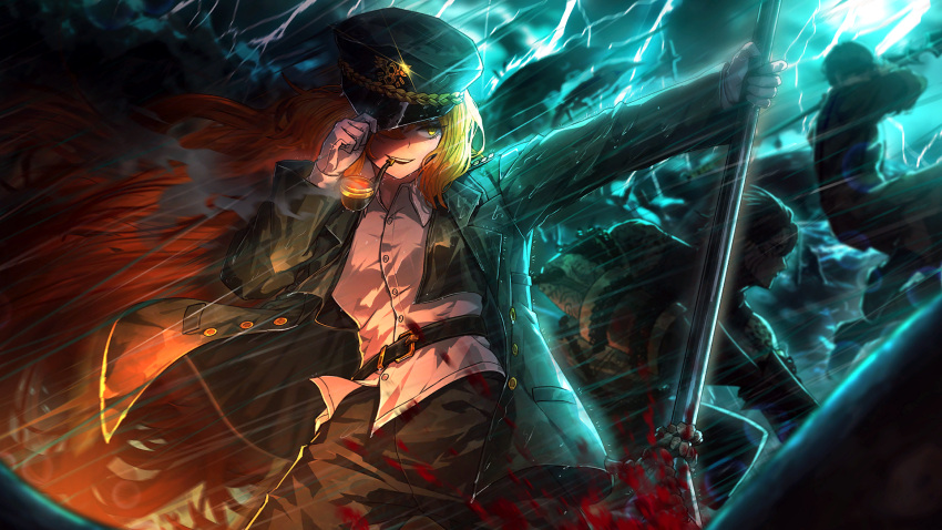 2boys belt black_pants blood collared_shirt game_cg gloves green_jacket harpoon hat heathcliff_(project_moon) highres holding holding_smoking_pipe ishmael_(project_moon) jacket lightning limbus_company long_hair military_hat military_jacket military_uniform multiple_boys nai_ga ocean official_art orange_hair pants pipe_in_mouth project_moon rope shirt smoke smoking smoking_pipe storm uniform wavy_hair white_gloves white_shirt yi_sang_(project_moon)