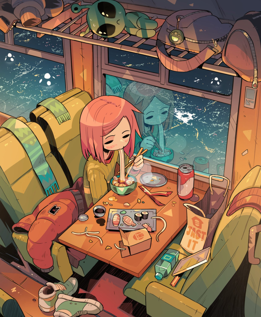 1girl airplane_interior alien backpack bag bottle bowl can carles_dalmau chopsticks city_lights closed_eyes commentary cup drink eating expressionless flying_saucer food food_in_mouth from_above green_sweater highres holding holding_chopsticks jacket long_sleeves night noodles orange_hair original paper_bag plate ramen reflection scarf scenery shoes short_hair sitting sneakers solo spacecraft steam sushi sweat sweater swept_bangs symbol-only_commentary table unworn_backpack unworn_bag unworn_jacket unworn_scarf unworn_shoes water_bottle window zipper zipper_pull_tab