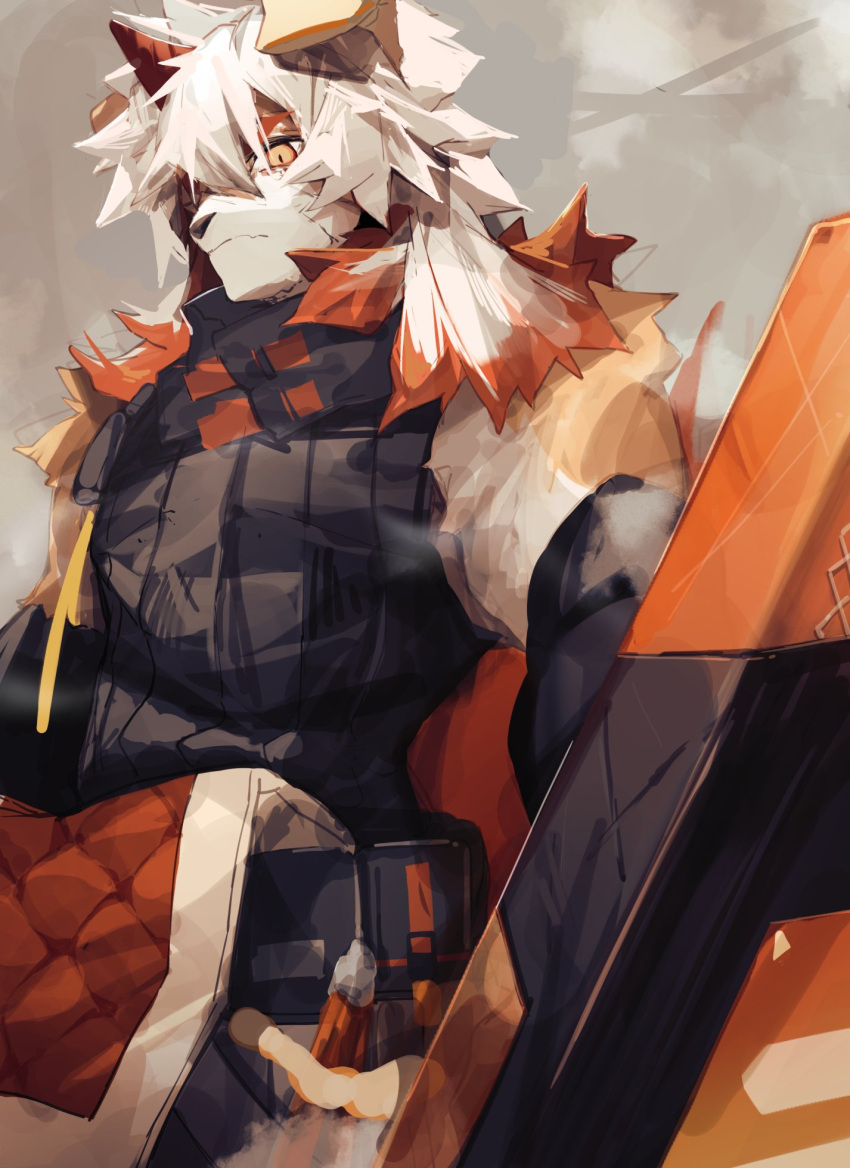 1boy ankoro_mochi arknights black_gloves black_shirt colored_tips commentary furry furry_male gloves highres holding holding_shield horns hung_(arknights) komainu_boy komainu_ears komainu_tail looking_at_viewer male_focus multicolored_hair shield shirt single_horn sleeveless sleeveless_shirt yellow_eyes