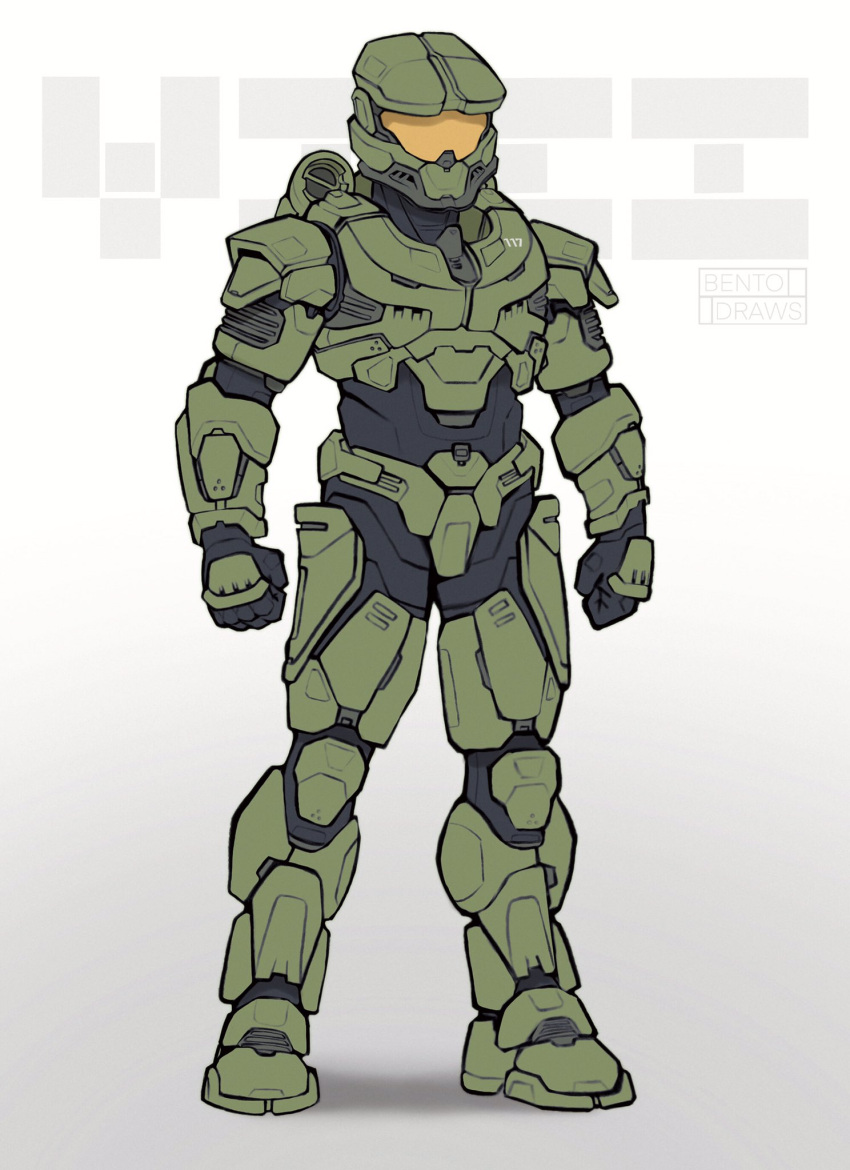 1boy aperture_science_handheld_portal_device armor assault_visor bentodraws black_gloves clenched_hands english_text full_body gloves grey_background halo_(series) halo_infinite helmet highres male_focus master_chief power_armor spartan_(halo) standing