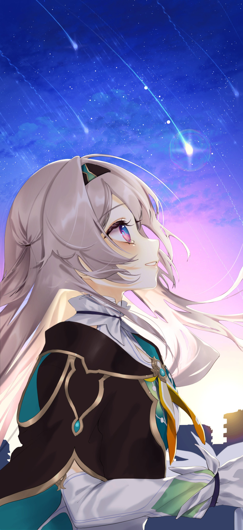 1girl absurdres crying dress firefly_(honkai:_star_rail) highres honkai:_star_rail honkai_(series) long_hair long_sleeves looking_up meteor_shower mokokiyo_(asaddr) neckerchief parted_lips sky smile solo star_(sky) starry_sky sunrise two_side_up upper_body violet_eyes white_dress white_hair yellow_neckerchief
