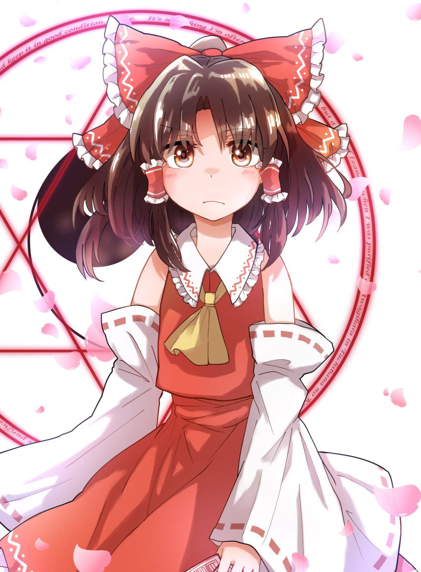 1girl ascot bare_shoulders blush bow brown_eyes brown_hair closed_mouth commentary_request cowboy_shot detached_sleeves flat_chest frilled_bow frilled_hair_tubes frilled_shirt_collar frills frown hair_bow hair_tubes hakurei_reimu highres holding_ofuda long_sleeves looking_at_viewer magic_circle medium_hair parted_bangs red_bow red_skirt red_vest ribbon-trimmed_sleeves ribbon_trim serious simple_background skirt skirt_set solo tigern touhou vest white_background wide_sleeves yellow_ascot