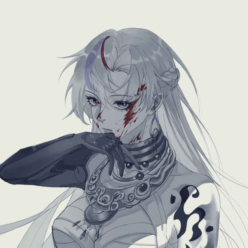 1girl alpha_(punishing:_gray_raven) arm_tattoo bandaged_chest blood blood_on_face braid breasts earrings french_braid grey_eyes grey_hair grey_theme heterochromia highres jewelry large_breasts lucia:_crimson_weave_(punishing:_gray_raven) mechanical_arms multicolored_hair necklace pendant punishing:_gray_raven purple_hair red_eyes redhead single_mechanical_arm solo streaked_hair tattoo violessastvira