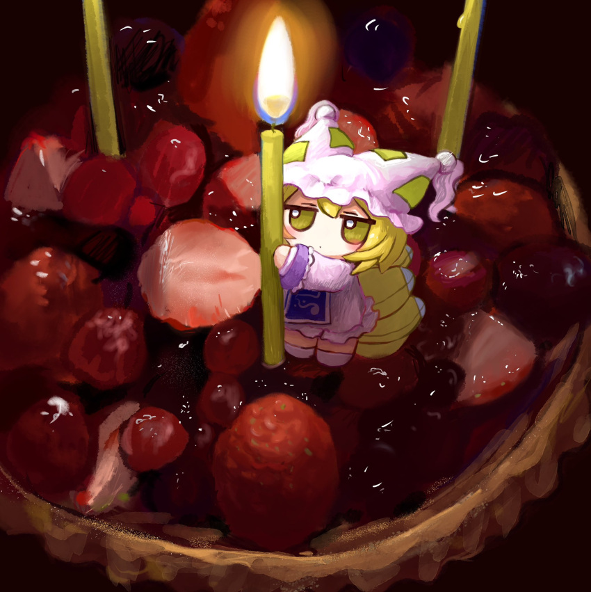1girl animal_hat blonde_hair blue_tabard blush candle commentary dress food fox_tail fruit fruit_tart fumo_(doll) hat highres jitome long_sleeves mini_person minigirl mob_cap multiple_tails on_food solo standing strawberry symbol-only_commentary tabard tail tart_(food) touhou white_headwear wide_shot yakumo_ran yakumora_n yellow_eyes