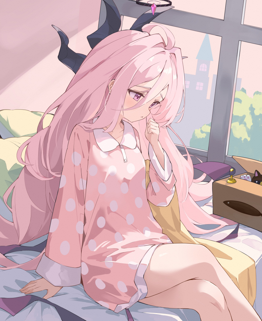 1girl absurdres bed black_horns blue_archive blush closed_mouth collarbone crossed_legs demon_horns demon_wings feet_out_of_frame halo highres hina_(blue_archive) hina_(pajamas)_(blue_archive) horns indoors long_hair long_sleeves multiple_horns mushpz official_alternate_costume pajamas pink_pajamas polka_dot polka_dot_pajamas purple_wings sitting solo violet_eyes white_hair window wings