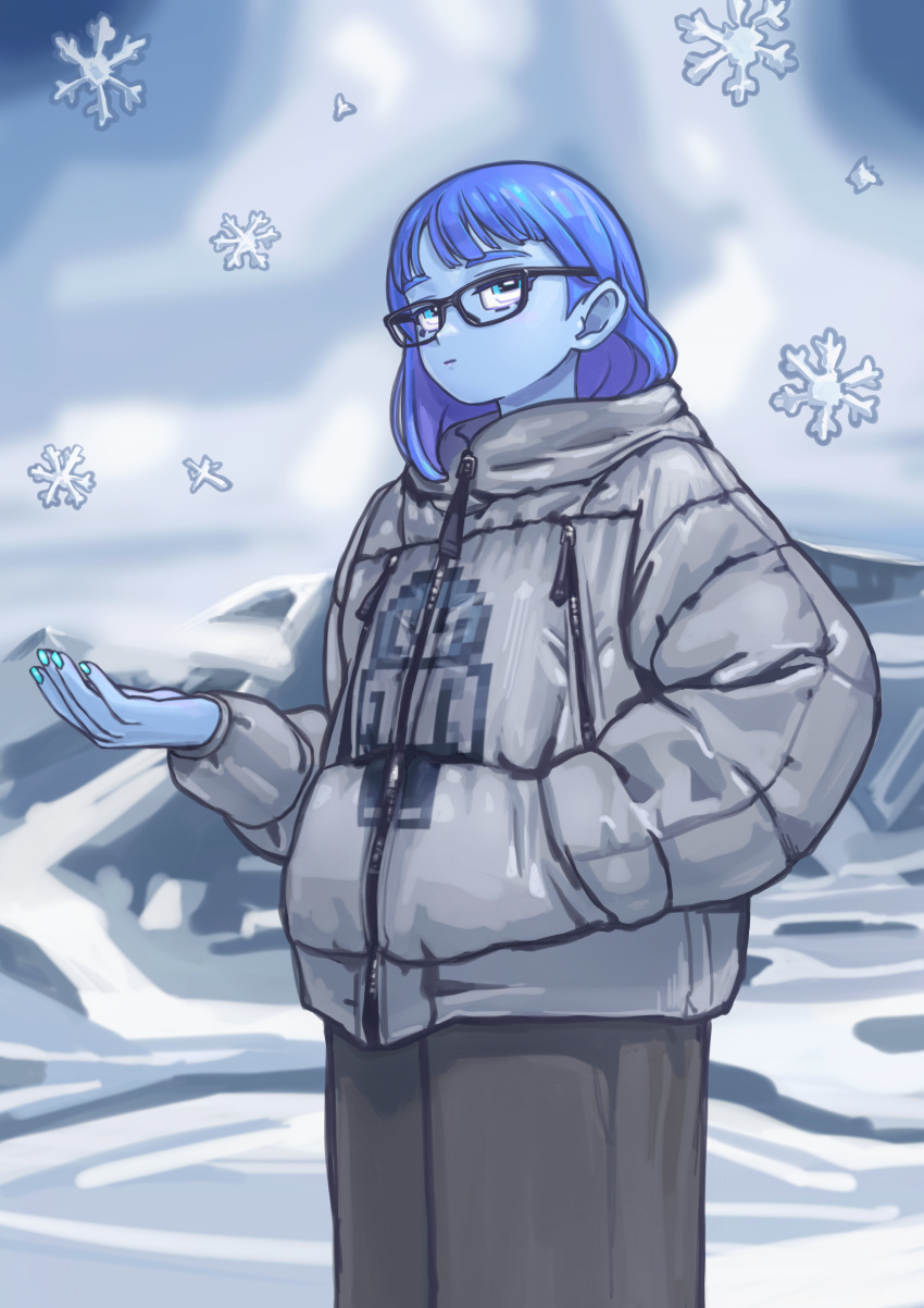 1girl absurdres blue_eyes blue_hair blue_nails blue_skin coat colored_skin day glasses grey_coat hand_in_pocket highres jio_pi long_sleeves looking_up medium_hair original outdoors snowflakes snowing solo standing zipper
