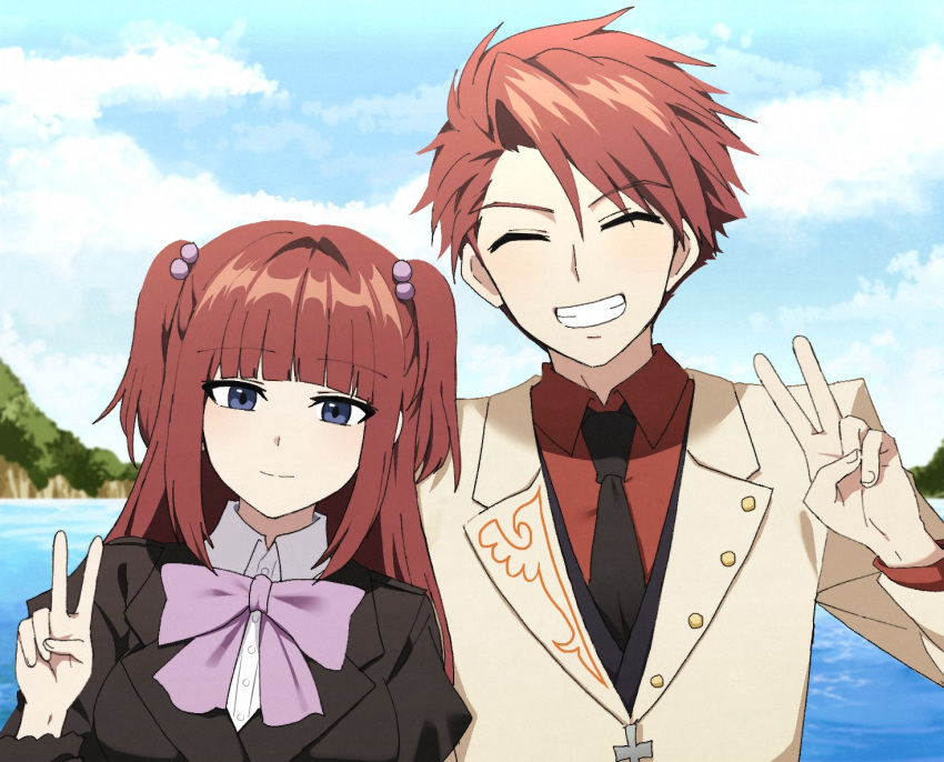 1boy 1girl black_jacket black_necktie blue_eyes blue_sky blunt_bangs bow breasts brother_and_sister closed_mouth clouds hair_bobbles hair_ornament jacket large_breasts lix_(iroiro3843) long_hair looking_at_viewer necktie ocean outdoors pink_bow red_shirt redhead shirt short_hair short_twintails siblings sidelocks sky smile suit twintails umineko_no_naku_koro_ni ushiromiya_ange ushiromiya_battler v white_shirt white_suit