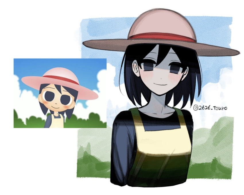 1girl 26_(tsuro) andou_natsumi arms_at_sides black_eyes black_hair black_shirt blue_sky blush closed_mouth clouds cloudy_sky collarbone commentary cropped_torso day dress empty_eyes hat head_tilt highres long_sleeves looking_at_viewer medium_hair mountainous_horizon multiple_views natsumi_step! outside_border pale_skin photo-referenced pinafore_dress reference_inset shirt sky sleeveless sleeveless_dress smile straw_hat sun_hat yellow_dress