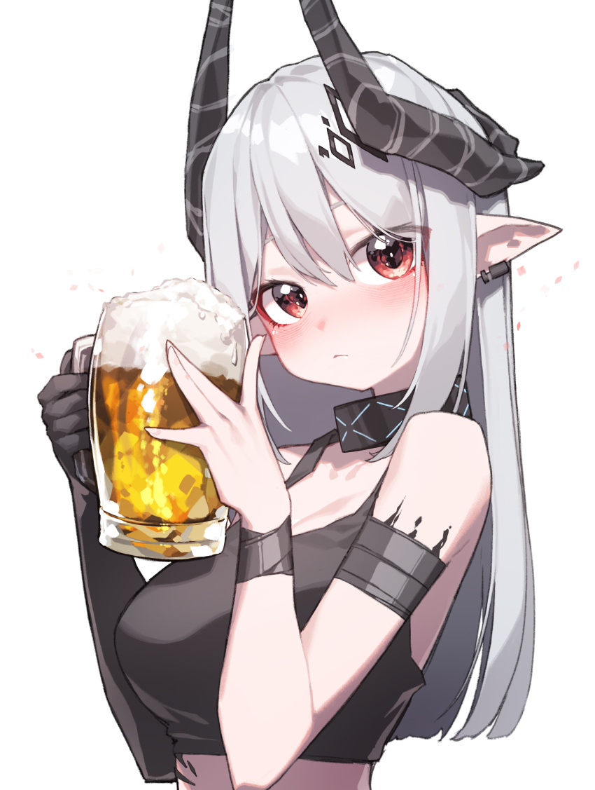1girl absurdres alcohol arknights armlet beer beer_mug beudelb black_gloves black_shirt blush bracelet breasts closed_mouth commentary cropped_shirt cup demon_girl demon_horns ear_piercing elbow_gloves gloves grey_hair hair_between_eyes highres holding holding_cup horns infection_monitor_(arknights) jewelry large_breasts looking_at_viewer mudrock_(arknights) mug oripathy_lesion_(arknights) piercing pointy_ears red_eyes shirt simple_background single_glove sleeveless sleeveless_shirt solo upper_body white_background