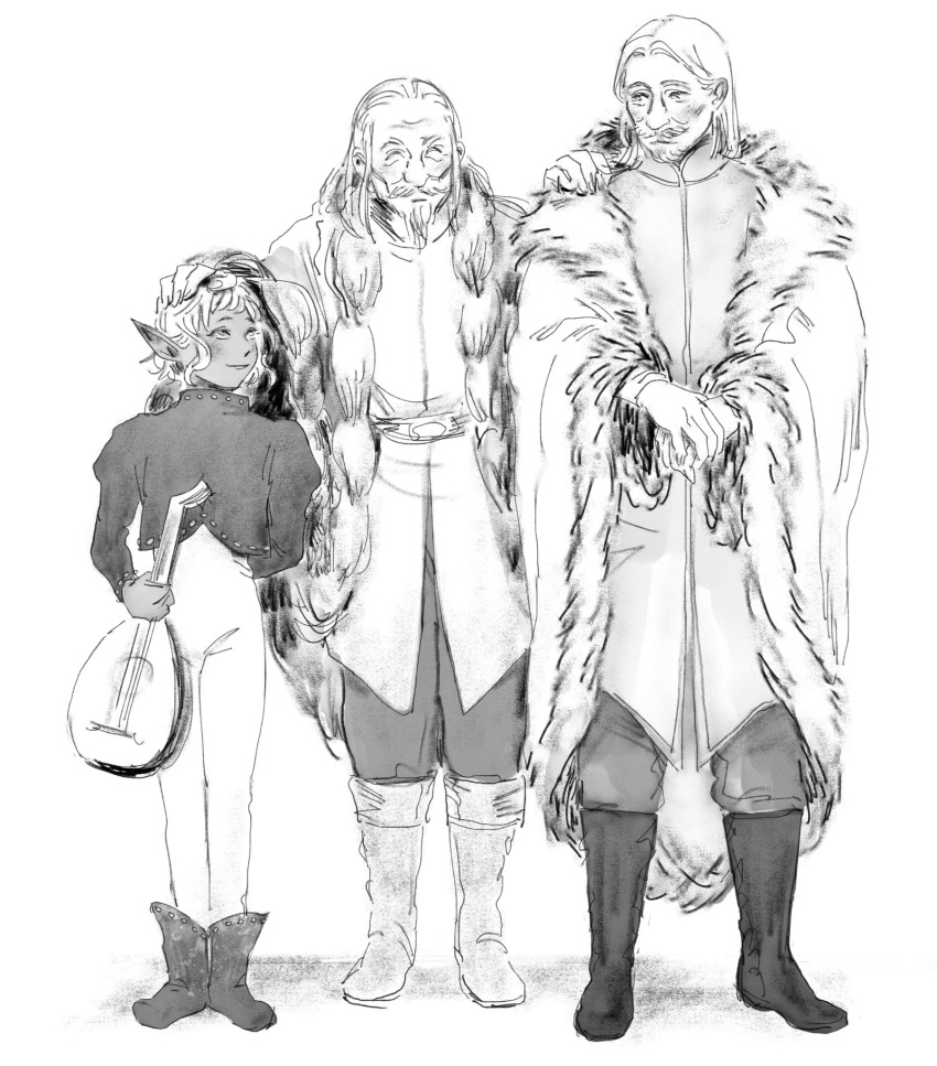11agares 3boys beard bodysuit boots coat cropped_jacket dark-skinned_male dark_skin delgal_(dungeon_meshi) dungeon_meshi elf english_commentary facial_hair facing_viewer father_and_son freinag_(dungeon_meshi) fur-trimmed_coat fur_trim greyscale hair_behind_ear hair_slicked_back hand_on_another's_head hand_on_another's_shoulder happy headpat height_difference highres holding holding_instrument instrument knee_boots looking_to_the_side male_focus mandolin monochrome multiple_boys mustache old old_man own_hands_together pointy_ears short_hair simple_background sketch standing thistle_(dungeon_meshi)