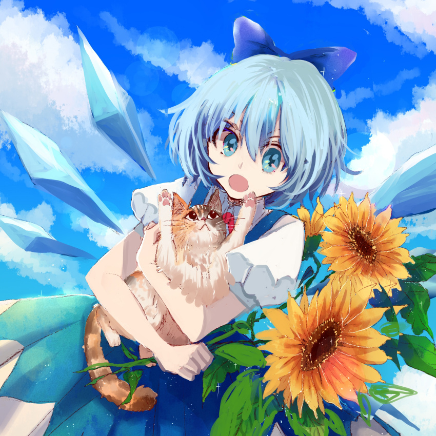 1girl absurdres animal blue_background blue_bow blue_dress blue_eyes blue_hair blue_sky bow calico cat cirno cowboy_shot detached_wings dress field flower flower_field hair_between_eyes hair_bow highres holding holding_animal holding_cat leaf looking_at_viewer open_mouth outdoors pinafore_dress puffy_short_sleeves puffy_sleeves shirt shocho_(shaojiujiu) short_sleeves sky sleeveless sleeveless_dress solo sunflower sunflower_field touhou white_shirt wings yellow_flower
