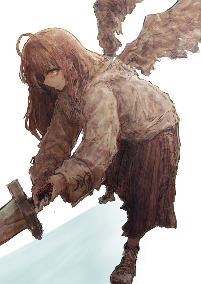 1girl absurdres ahoge antsplorer bent_over berry bird_wings black_choker brown_eyes brown_footwear brown_hair brown_hoodie brown_skirt choker earrings food-themed_earrings high_tops highres holding holding_sword holding_weapon hololive hololive_english hood hoodie horror_(theme) huge_weapon jewelry long_hair long_skirt looking_at_viewer multicolored_hair nanashi_mumei nanashi_mumei_(casual) official_alternate_costume oversized_clothes plaid plaid_skirt pleated_skirt shoes skirt smile sneakers streaked_hair sword virtual_youtuber weapon wings