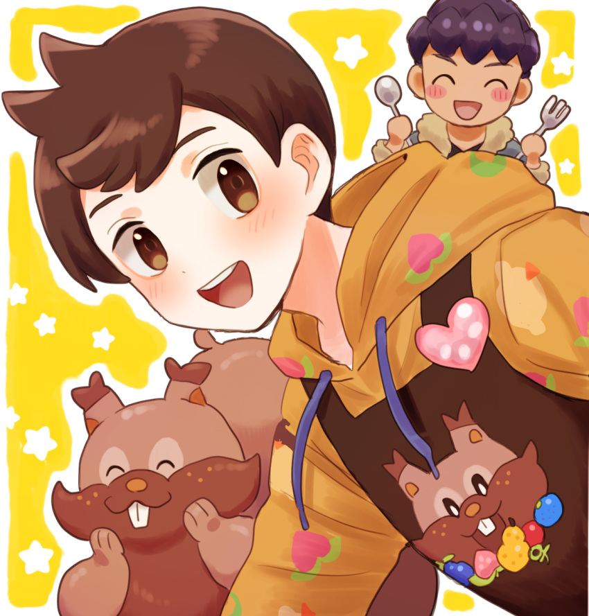 2boys :d ^_^ apron blush brown_apron brown_eyes brown_hair character_print closed_eyes commentary_request fork greedent happy highres holding holding_fork holding_spoon hood hood_down hoodie hop_(pokemon) male_focus mochi_(mocchi_p_2m) multiple_boys open_mouth outline pokemon pokemon_(creature) pokemon_masters_ex pokemon_swsh purple_hair short_hair smile spoon star_(symbol) tassel teeth tongue upper_teeth_only victor_(palentine's_2024)_(pokemon) victor_(pokemon) yellow_background