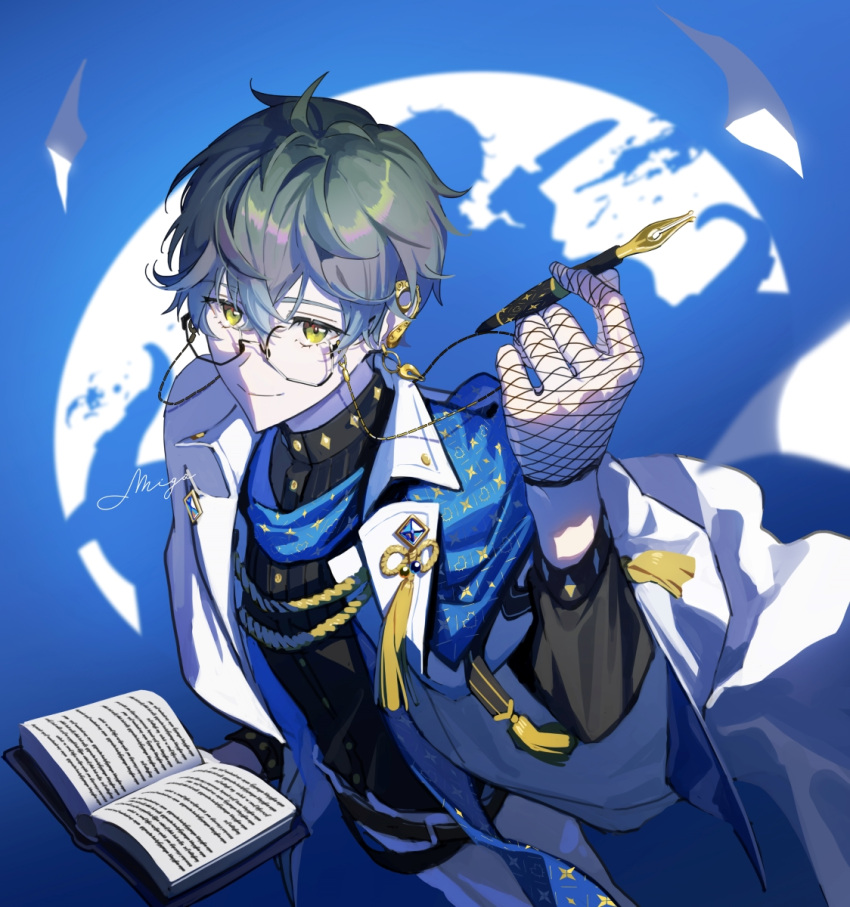1boy black_shirt blue_theme book closed_mouth coat coat_on_shoulders different_shadow ear_piercing earrings glasses gloves green_eyes green_hair highres holding holding_book holding_pen ike_eveland jewelry long_sleeves looking_at_viewer luca_kaneshiro male_focus migo45 nib_pen_(object) nijisanji nijisanji_en open_clothes open_coat pen piercing semi-rimless_eyewear shirt short_hair smile solo under-rim_eyewear virtual_youtuber white_gloves