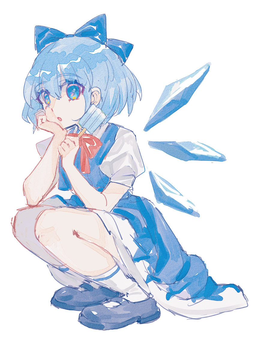 1girl :o absurdres black_footwear blue_bow blue_dress blue_eyes blue_hair bow cirno collared_shirt detached_wings dress food from_side full_body hair_between_eyes hair_bow hand_on_own_chin highres holding holding_food holding_popsicle ice ice_wings looking_at_viewer looking_to_the_side mary_janes medium_hair neck_ribbon open_mouth pinafore_dress popsicle puffy_short_sleeves puffy_sleeves red_ribbon ribbon shirt shocho_(shaojiujiu) shoes short_sleeves simple_background sleeveless sleeveless_dress socks solo touhou white_background white_shirt white_socks wings