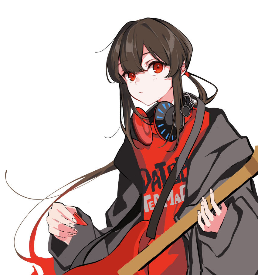 1boy baggy_clothes black_hair black_jacket fate/grand_order fate_(series) gradient_hair guitar headphones headphones_around_neck highres holding holding_guitar holding_instrument holding_plectrum instrument jacket long_hair looking_at_viewer low_ponytail multicolored_hair oda_nobukatsu_(fate) oversized_clothes plectrum red_eyes red_shirt redhead shirt sidelocks simple_background solo white_background yui_(tamagohan)