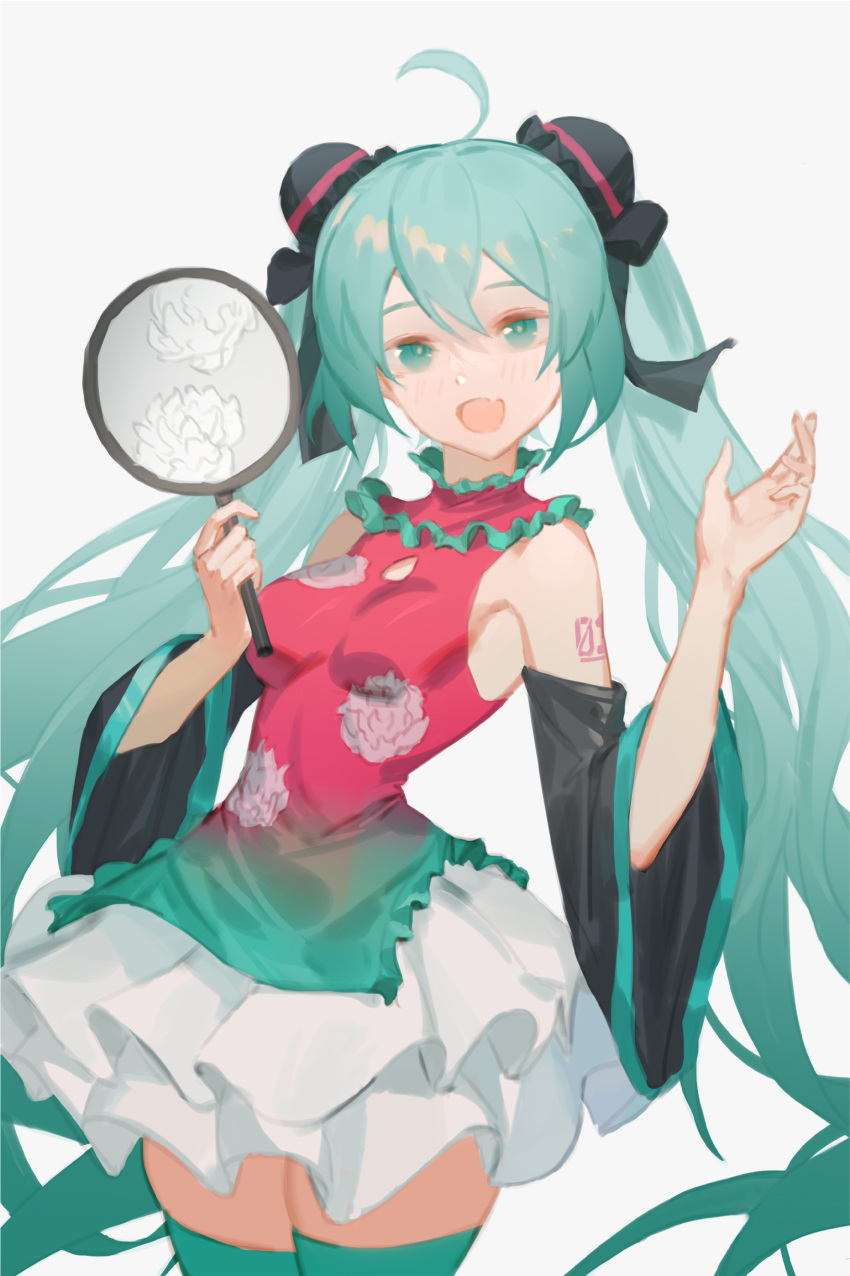 1girl aqua_eyes aqua_hair aqua_thighhighs bare_shoulders blush china_dress chinese_clothes detached_sleeves dress hatsune_miku highres long_hair looking_at_viewer nvik open_mouth simple_background skirt smile solo thigh-highs twintails very_long_hair vocaloid white_background white_skirt zettai_ryouiki