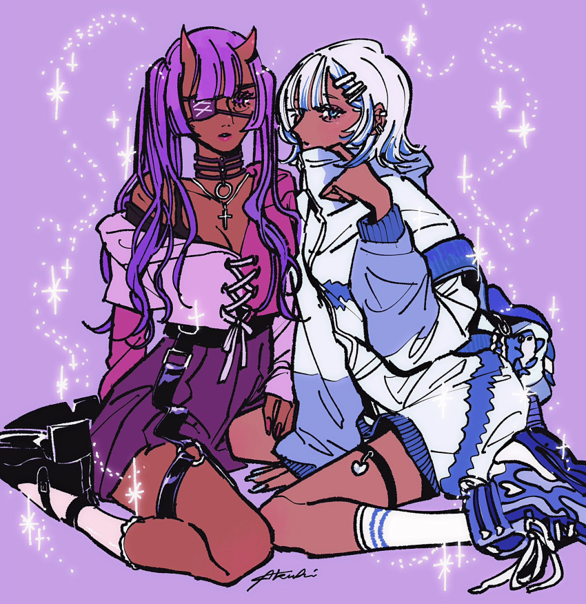 2girls check_copyright colored_skin copyright_request demon_girl earrings eyepatch green_eyes hair_around_ear highres horns jewelry long_hair looking_at_viewer multiple_girls neck_ribbon original purple_background purple_hair purple_skirt red_skin ribbon skirt tag twintails twuky violet_eyes white_hair