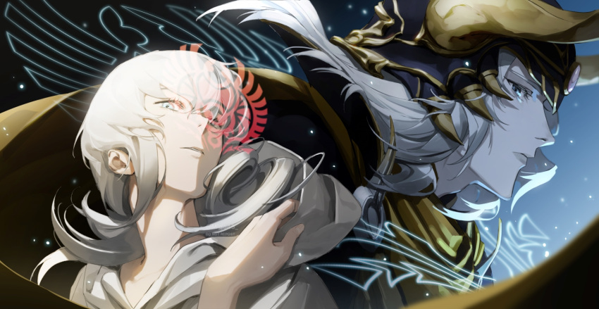 1boy blue_eyes cape dual_persona elidibus fake_horns final_fantasy final_fantasy_xiv floating_cape hand_up helmet highres horned_helmet horns long_hair looking_at_viewer migo45 parted_lips profile sophist's_robe_(ff14) themis_(ff14) warrior_of_light_(ff1) white_hair