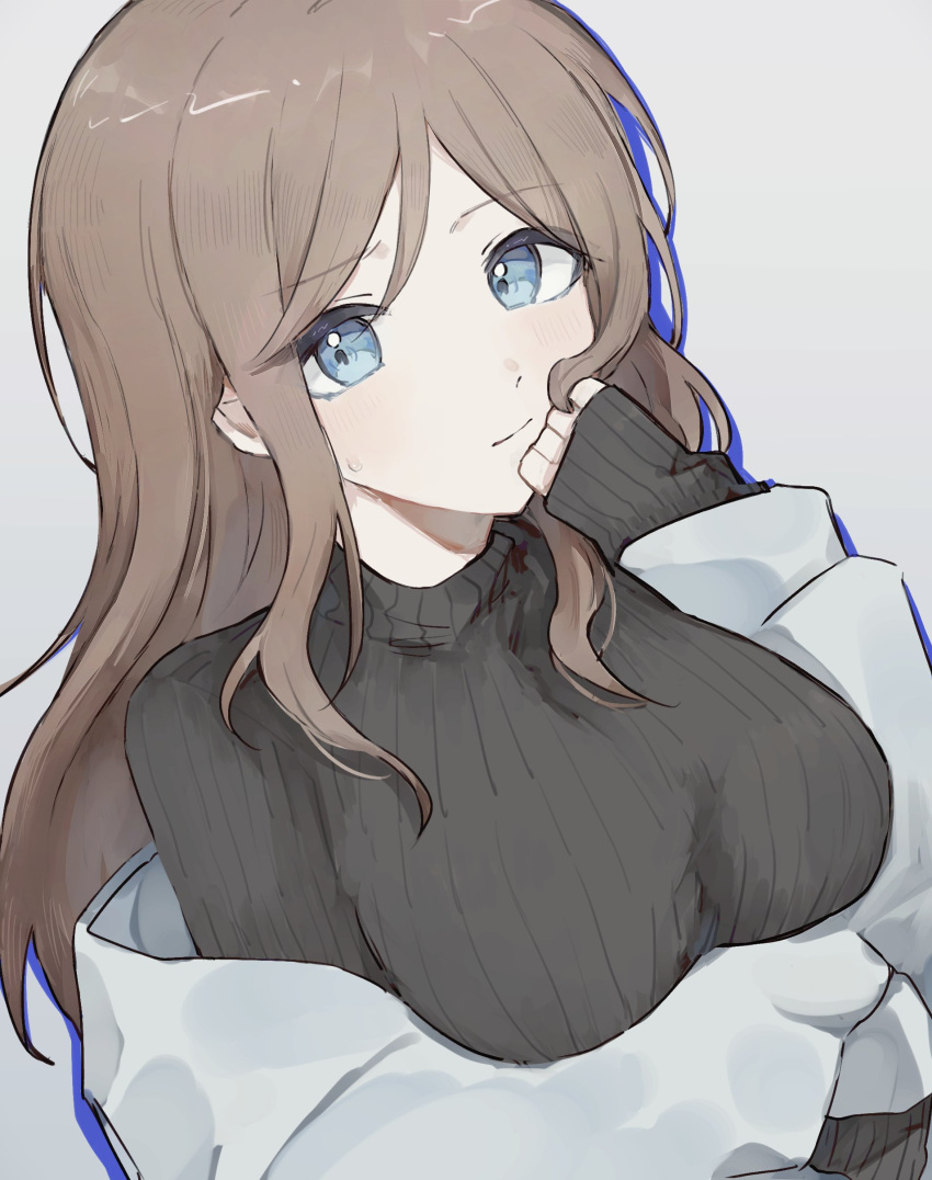 1girl absurdres bang_dream! bang_dream!_it's_mygo!!!!! black_sweater blue_eyes blush breasts brown_hair closed_mouth commentary grey_background highres jacket large_breasts long_hair long_sleeves nagasaki_soyo open_clothes open_jacket pann_(1202zzzx00) ribbed_sweater sidelocks simple_background sleeves_past_elbows solo sweatdrop sweater upper_body white_jacket