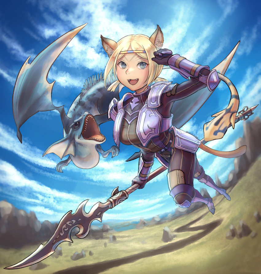 1girl 2024 :3 :d adventurer_(ff11) animal_ear_fluff animal_ears arm_guards armor blonde_hair blue_eyes blue_sky breasts brown_tail cactus41747280 cat_ears cat_girl cat_tail circlet clouds dated dragon dragoon_(final_fantasy) dragoon_wyvern_(ff11) fangs faulds final_fantasy final_fantasy_xi full_body hand_up highres holding holding_polearm holding_weapon medium_breasts mithra_(ff11) no_eyebrows open_mouth outdoors parted_bangs polearm purple_armor short_hair short_twintails shoulder_armor sky smile solo spear swept_bangs tail twintails weapon