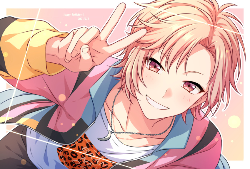 1boy blue_jacket blush border brown_pants cowboy_shot dated grin hand_up happy_birthday highres jacket jaguar_print jewelry looking_at_viewer male_focus multicolored_clothes multicolored_jacket necklace on_air! outline pants pink_eyes pink_hair pink_jacket sekina shirt smile solo ukima_shiro v white_shirt yellow_jacket