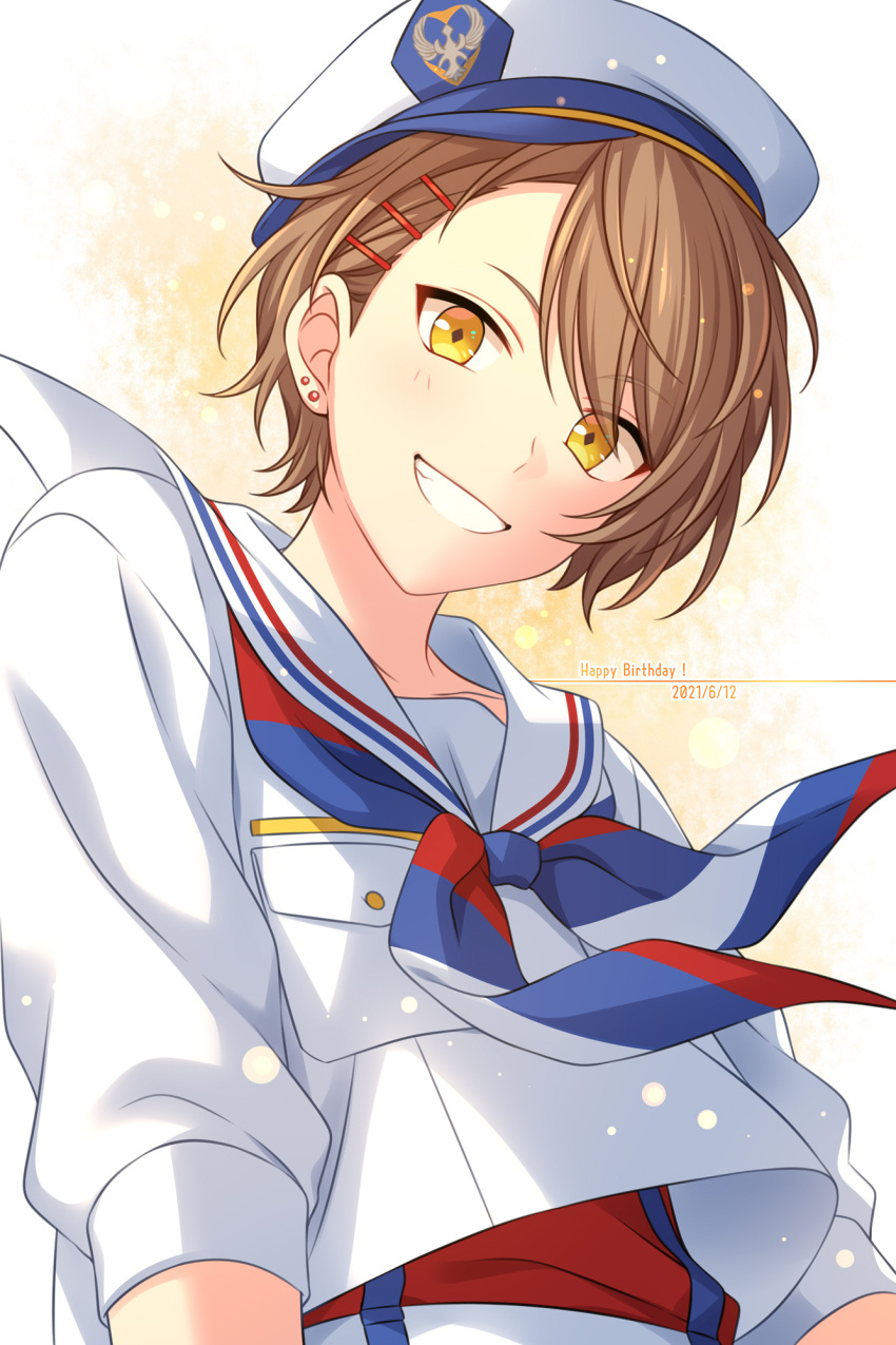 1boy aizawa_shin_(on_air!) blue_neckerchief brown_hair dated earrings gradient_background grin hair_ornament hairclip happy_birthday hat highres jewelry looking_at_viewer male_focus multicolored_neckerchief multiple_earrings neckerchief on_air! red_neckerchief red_shirt sailor_collar sailor_hat sekina shirt short_hair short_sleeves smile solo stud_earrings undershirt upper_body white_headwear white_neckerchief white_sailor_collar white_shirt yellow_background yellow_eyes