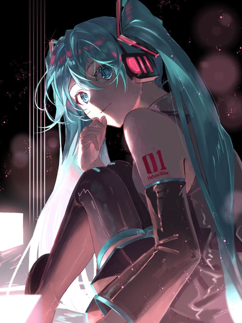 1girl arm_tattoo black_skirt black_sleeves black_thighhighs blue_eyes blue_hair character_name closed_mouth detached_sleeves from_side grey_shirt hair_between_eyes hair_ornament hatsune_miku headphones highres long_hair long_sleeves miniskirt natsusankinka07 number_tattoo pleated_skirt shirt sitting skirt sleeveless sleeveless_shirt smile solo tattoo thigh-highs twintails very_long_hair vocaloid zettai_ryouiki