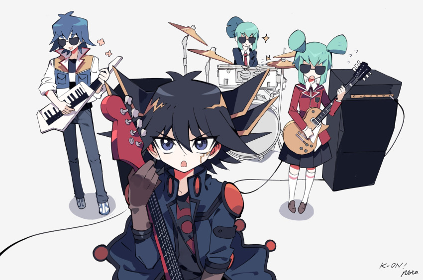1girl 3boys amplifier band black_hair black_skirt blue_eyes blue_hair blue_jacket blue_pants blue_shirt brother_and_sister brown_footwear brown_gloves bruno_(yu-gi-oh!) child collared_shirt cymbals denim determined drum drum_set drumsticks elbow_pads electric_guitar facial_mark facial_tattoo flying_sweatdrops fudou_yuusei gloves green_hair grey_background guitar high_collar highres holding holding_drumsticks holding_instrument instrument izuygo jacket jeans k-on! keyboard_(instrument) kneehighs lua_(yu-gi-oh!) luca_(yu-gi-oh!) male_focus medium_hair multicolored_clothes multicolored_hair multicolored_jacket multiple_boys music neck_ribbon open_clothes open_jacket open_mouth pants parody playing_guitar red_jacket red_ribbon ribbon school_uniform shadow shirt shoes short_hair short_ponytail short_twintails shoulder_pads siblings sidelocks simple_background singing skirt sleeves_rolled_up sneakers socks spiky_hair spoken_flower streaked_hair sunglasses tattoo translation_request twins twintails white_shirt white_socks wire yu-gi-oh! yu-gi-oh!_5d's