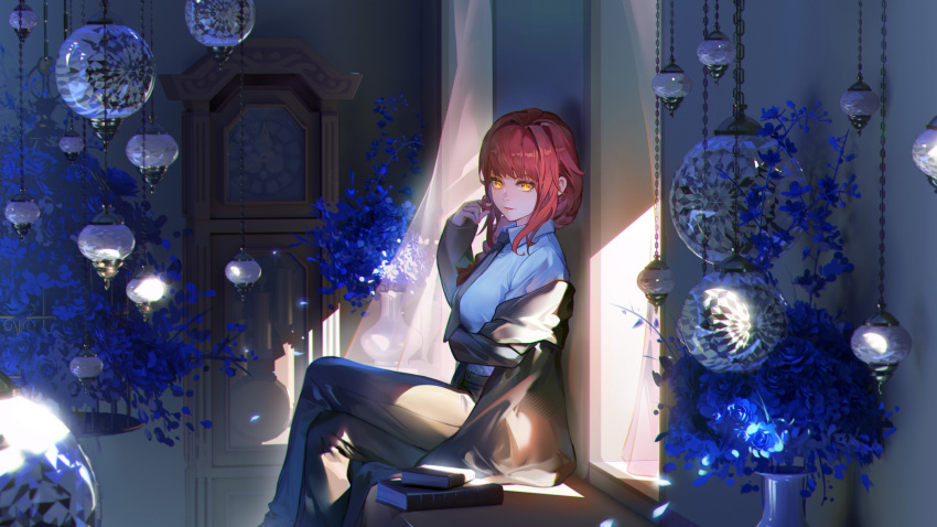 1girl absurdres adjusting_hair arm_under_breasts book chainsaw_man coat collar dress_pants dress_shirt flower from_side hand_up highres looking_at_viewer makima_(chainsaw_man) necktie off_shoulder on_bench redhead shirt sitting solo vase yellow_eyes zame_(960944453)
