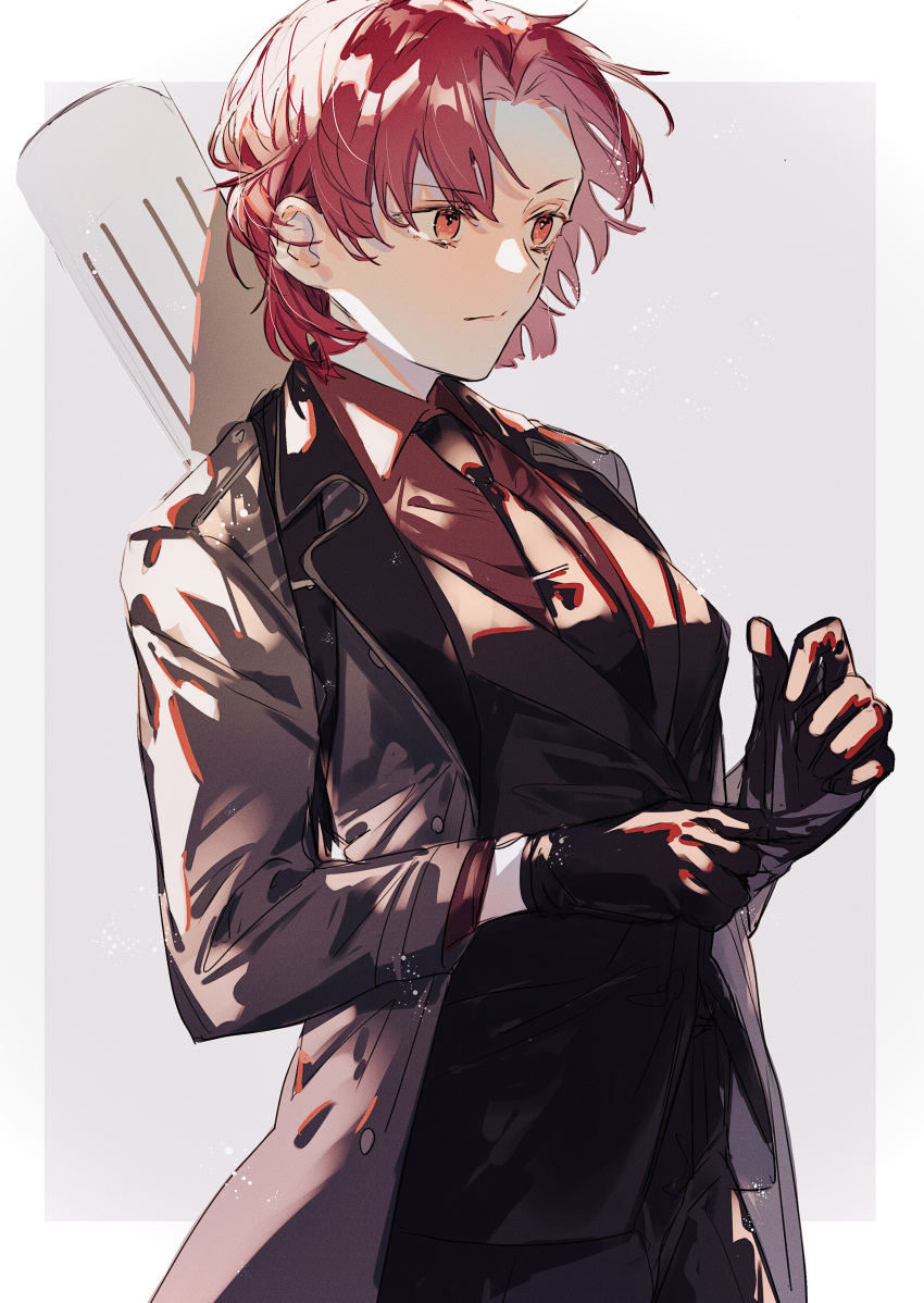 absurdres adjusting_clothes adjusting_gloves bazett_fraga_mcremitz black_gloves black_necktie black_suit coat collared_jacket collared_shirt fate/grand_order fate/hollow_ataraxia fate_(series) formal gloves grey_coat highres jacket long_coat manannan_mac_lir_(first_ascension)_(fate) nasubi_illust necktie parted_bangs red_eyes red_shirt redhead shirt short_hair simple_background square_background suit