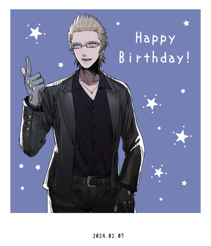 1boy black_jacket blonde_hair blue_background blue_eyes final_fantasy final_fantasy_xv glasses gloves hair_slicked_back happy_birthday highres ignis_scientia index_finger_raised jacket jewelry male_focus necklace nnnmmg0725 open_mouth shirt short_hair smile spiky_hair star_(symbol) suit_jacket