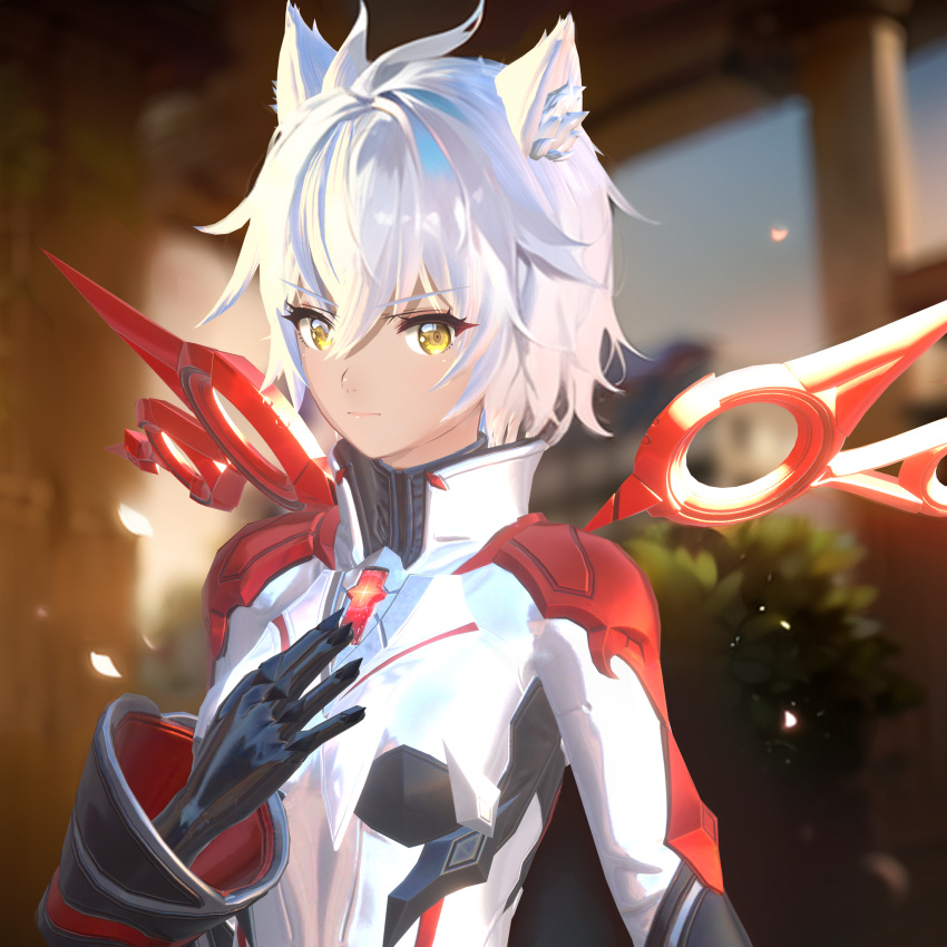 alpha_(xenoblade) alternate_costume alvis_(xenoblade) animal_ears armor blender_(medium) cat_ears cat_girl core_crystal_(xenoblade) corruption crystal dark_persona gloves glowing hand_on_own_chest highres looking_at_viewer na'el_(xenoblade) normal_(artist) possessed short_hair white_hair xenoblade_chronicles_(series) xenoblade_chronicles_3 xenoblade_chronicles_3:_future_redeemed yellow_eyes