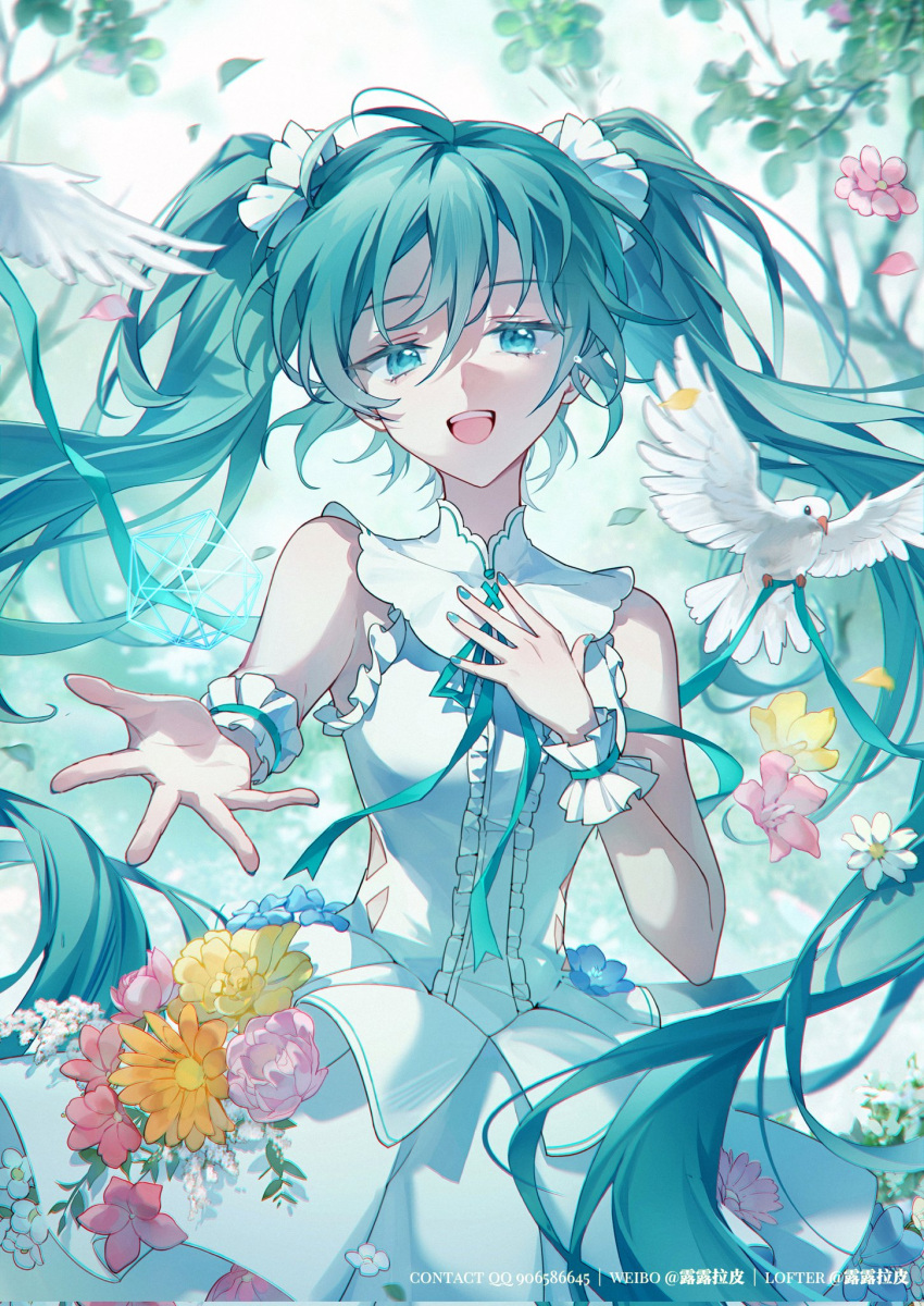 1girl aqua_eyes aqua_hair bare_shoulders bird breasts cowboy_shot dove dress falling_flower falling_petals flower hair_between_eyes hand_on_own_chest hatsune_miku highres long_hair medium_breasts music nauxii open_mouth orange_flower outstretched_hand petals pink_flower singing sleeveless sleeveless_dress smile solo twintails very_long_hair vocaloid white_dress white_flower wrist_cuffs yellow_flower