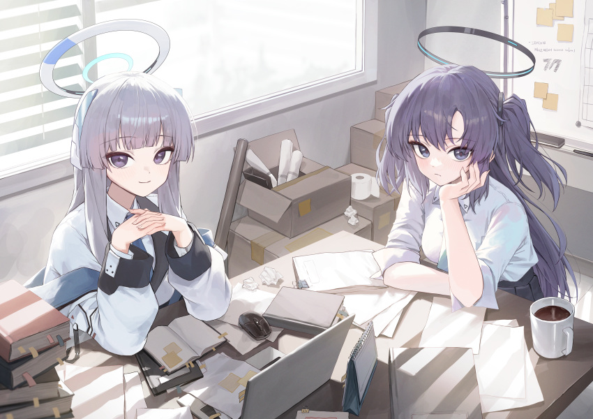 2girls absurdres black_skirt blue_archive blue_necktie blush book box breasts closed_mouth coffee coffee_mug collared_shirt computer cup gnns grey_hair halo highres indoors jacket laptop large_breasts long_hair long_sleeves looking_at_viewer mechanical_halo mouse_(computer) mug multiple_girls necktie noa_(blue_archive) paper pleated_skirt purple_hair shirt short_sleeves skirt smile tissue two_side_up violet_eyes white_jacket white_shirt window yuuka_(blue_archive)
