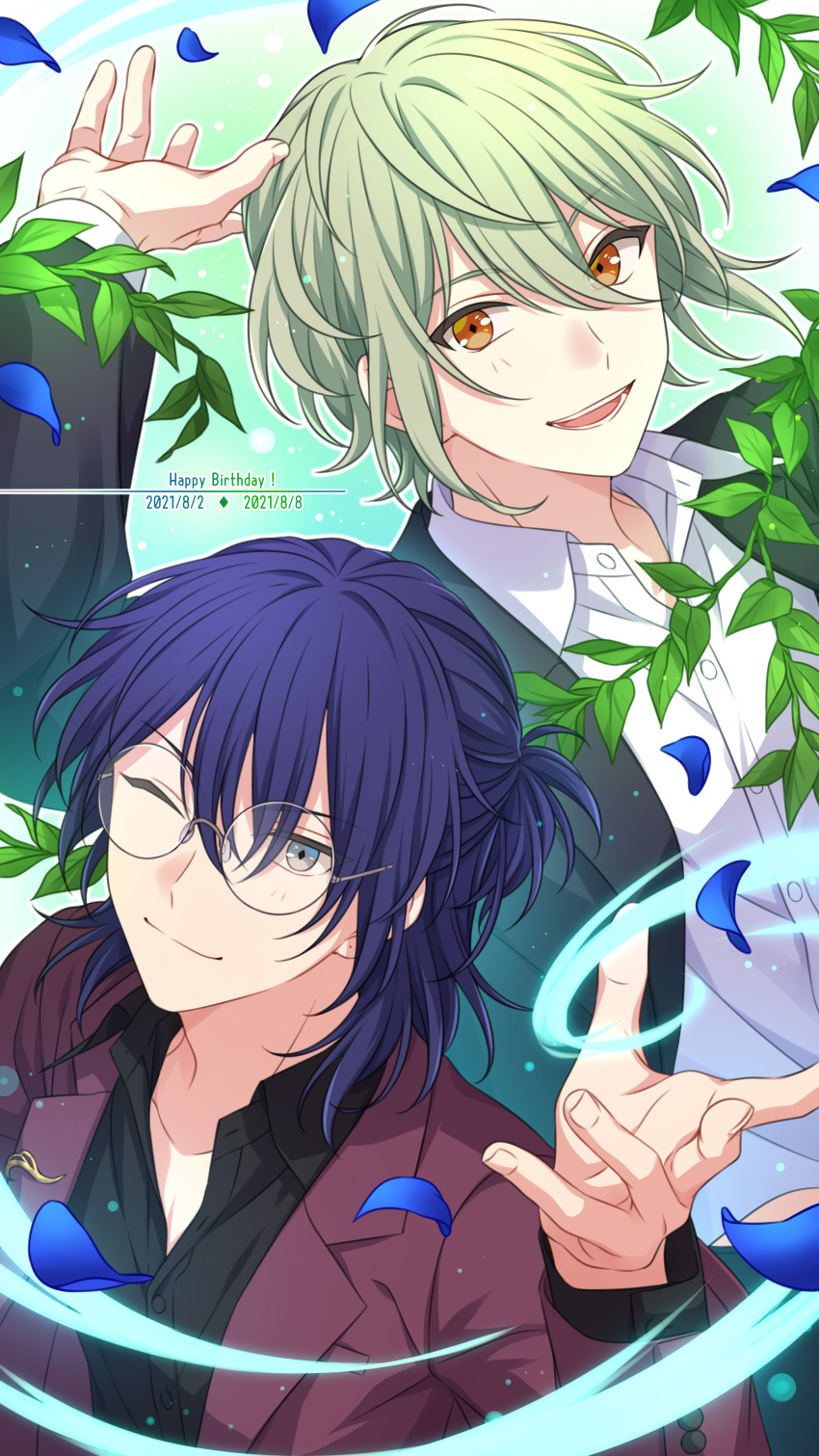 2boys absurdres aoyagi_mikado black_shirt blue_hair closed_mouth collared_shirt commentary_request dated glasses gradient_background green_background green_eyes green_hair green_jacket hands_up happy_birthday hashikura_an highres jacket long_sleeves looking_at_viewer multiple_boys on_air! one_eye_closed open_mouth orange_eyes plant red_jacket sekina shirt short_ponytail smile teeth upper_body white_shirt wind