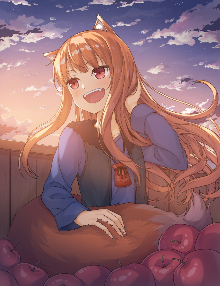 1girl :d absurdres animal_ears apple blue_shirt brown_hair carriage food fruit hand_up highres holo long_hair outdoors pouch red_eyes redhead shirt sitting smile solo spice_and_wolf tail tuya_yuanwang twilight very_long_hair vest wolf_ears wolf_tail