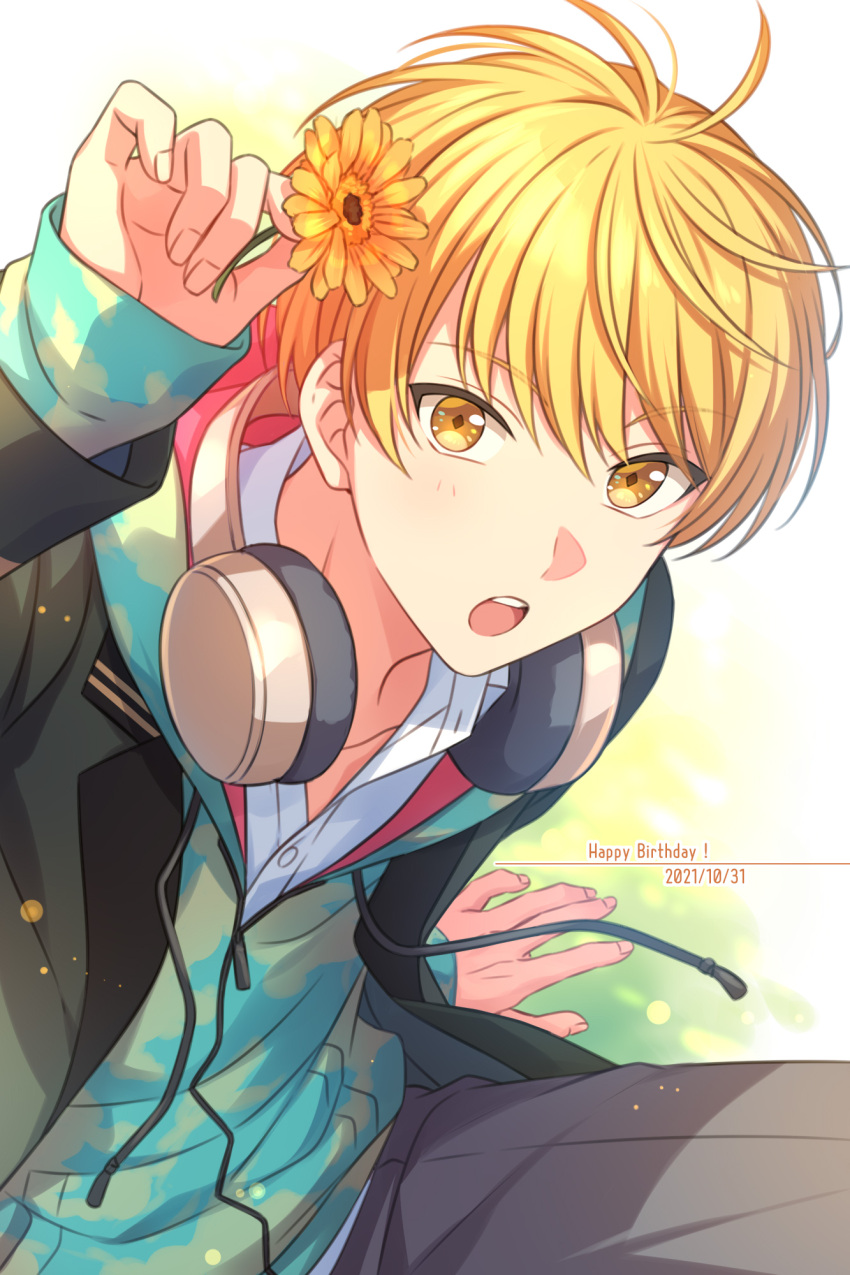 1boy :o arm_support black_jacket blonde_hair camouflage commentary_request cowboy_shot dated flower green_background green_hoodie happy_birthday headphones headphones_around_neck highres holding holding_flower hood hoodie jacket kichijo_nanao long_sleeves male_focus on_air! open_mouth sekina shirt solo teeth upper_teeth_only white_shirt yellow_eyes yellow_flower