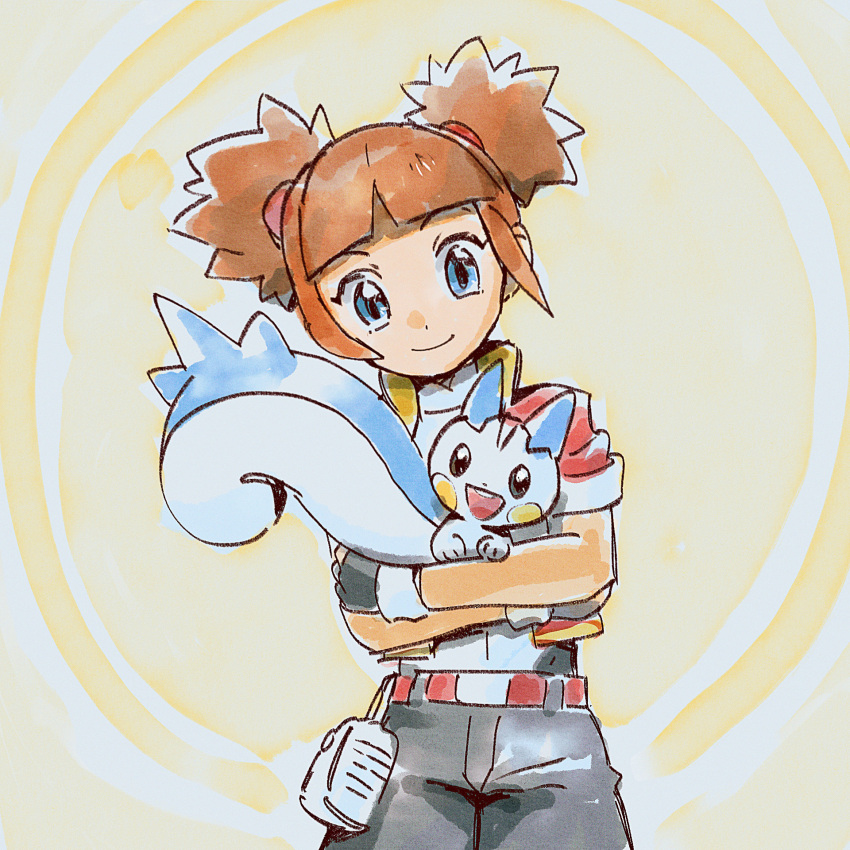 1girl belt belt_buckle blue_eyes blunt_bangs brown_hair buckle closed_mouth commentary double_bun fanny_pack fingerless_gloves gloves go-lurk hair_bun highres holding holding_pokemon jacket kate_(pokemon) looking_down pachirisu pokemon pokemon_(creature) pokemon_ranger pokemon_ranger_2 red_belt red_jacket shirt short_sleeves shorts smile twintails white_bag white_shirt yellow_background