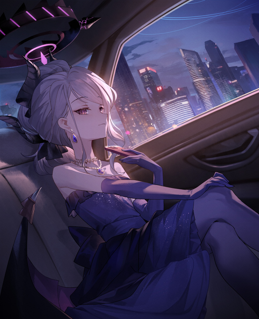 1girl black_horns blue_archive building car_interior cellphone city dangle_earrings demon_horns demon_wings dress earrings elbow_gloves evening_gown gloves halo highres hina_(blue_archive) hina_(dress)_(blue_archive) horns jewelry long_hair looking_at_viewer multicolored_halo multiple_horns necklace night official_alternate_costume official_alternate_hairstyle pantyhose pendant phone purple_dress purple_gloves purple_pantyhose purple_wings reeh_(yukuri130) smartphone solo strapless strapless_dress two-tone_halo violet_eyes white_hair wings