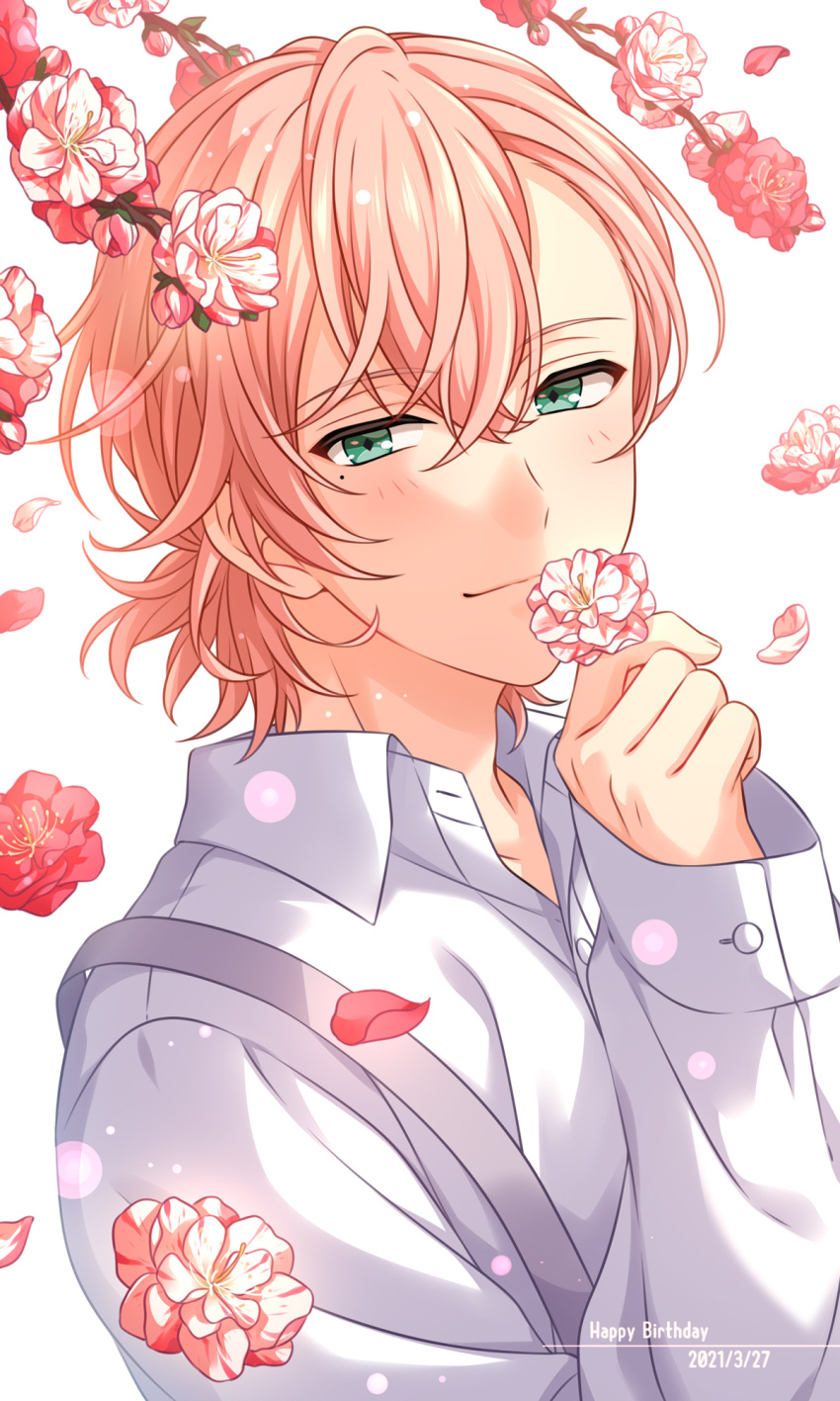 1boy branch commentary_request dated falling_petals flower green_eyes happy_birthday highres holding holding_flower looking_at_viewer male_focus mole mole_under_eye momose_sakurai on_air! petals pink_flower pink_hair sekina short_hair simple_background sleeves_past_wrists smile solo upper_body white_background