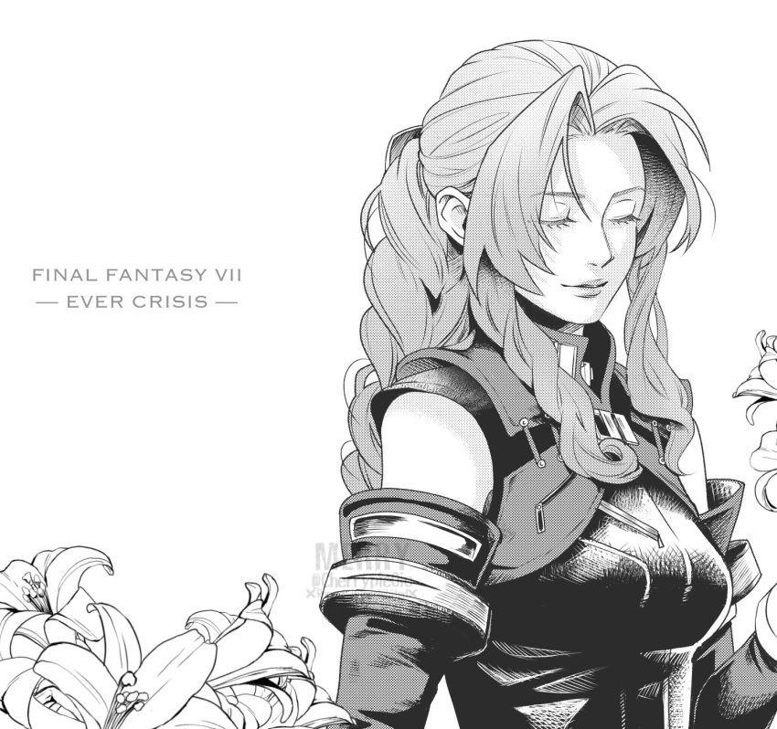 1girl aerith_gainsborough aerith_gainsborough_(rosy_battle_suit) black_bodysuit bodysuit braid breasts closed_eyes closed_mouth commentary detached_sleeves final_fantasy final_fantasy_vii final_fantasy_vii_ever_crisis flower greyscale highres hitsuji_merry holding holding_flower light_smile lily_(flower) long_hair medium_breasts monochrome official_alternate_costume parted_bangs screentones sidelocks single_braid solo symbol-only_commentary upper_body wavy_hair white_background