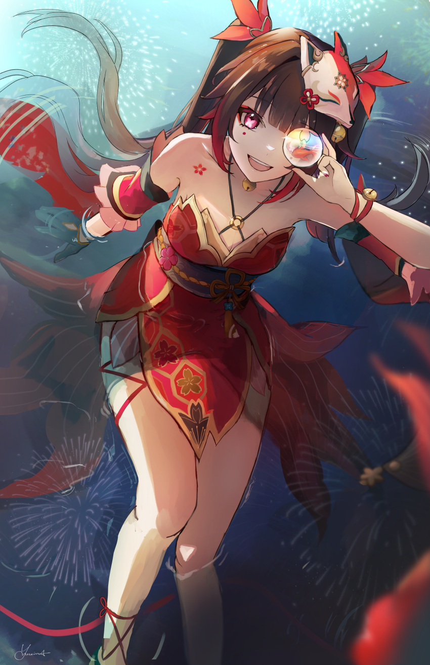 1girl :d absurdres bare_shoulders bell black_gloves black_hair butterfly-shaped_pupils commentary fireworks fish floral_print flower_tattoo fox_mask gloves goldfish highres honkai:_star_rail honkai_(series) kato_yuurina long_hair mask mask_on_head neck_bell partially_submerged red_eyes reflection single_glove smile solo sparkle_(honkai:_star_rail) symbol-shaped_pupils tattoo twintails