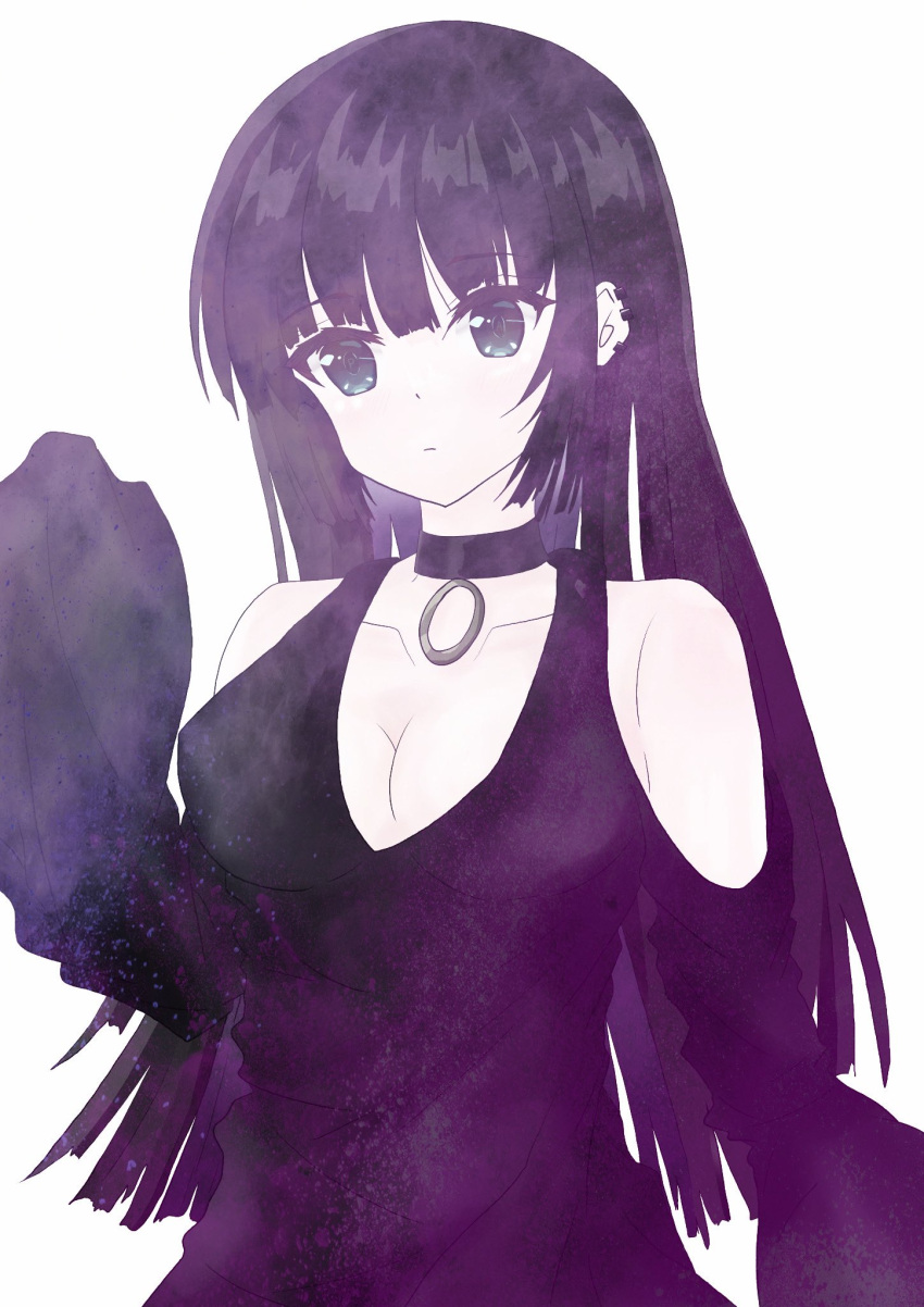 1girl amanotti_01 bare_shoulders black_choker black_dress black_eyes black_hair black_sleeves blue_hair blunt_bangs bocchi_the_rock! choker collarbone colored_inner_hair detached_sleeves dress gothic hand_up highres hime_cut long_hair looking_at_viewer mouth_piercing multicolored_hair open_mouth pa-san simple_background sleeveless sleeveless_dress sleeves_past_fingers sleeves_past_wrists solo straight_hair upper_body very_long_hair white_background