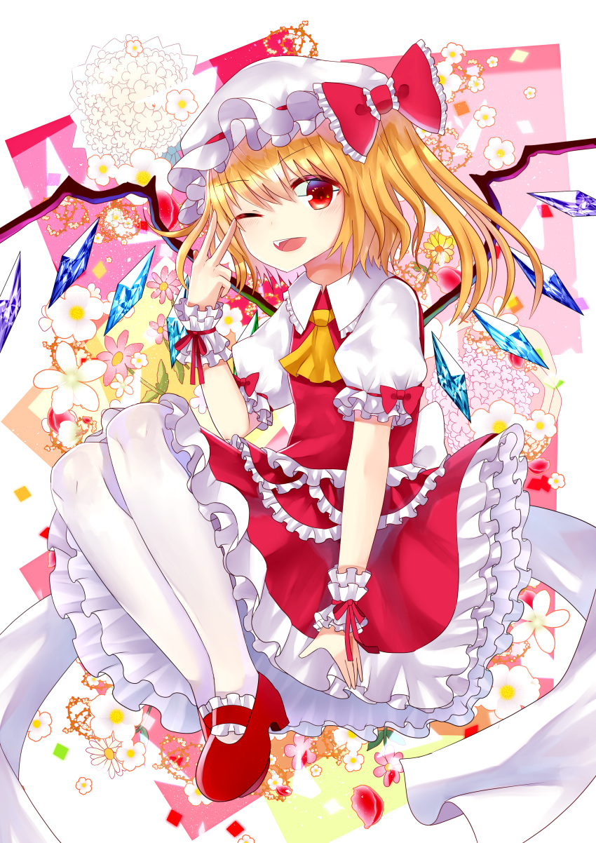 1girl absurdres ascot back_bow bow collared_shirt crystal flandre_scarlet floral_background flower frilled_bow frilled_shirt_collar frilled_skirt frilled_sleeves frilled_vest frills from_side full_body happy hat hat_bow hat_ribbon highres large_bow light_smile looking_at_viewer mary_janes medium_hair mob_cap multicolored_wings one_eye_closed one_side_up open_mouth pantyhose pink_background pink_flower red_bow red_eyes red_footwear red_ribbon red_skirt red_vest ribbon ribbon-trimmed_headwear ribbon-trimmed_sleeves ribbon_trim sakizaki_saki-p shirt shoes skirt sleeve_bow teeth touhou upper_teeth_only v vest white_background white_bow white_flower white_headwear white_pantyhose white_shirt wings wrist_cuffs yellow_ascot yellow_flower